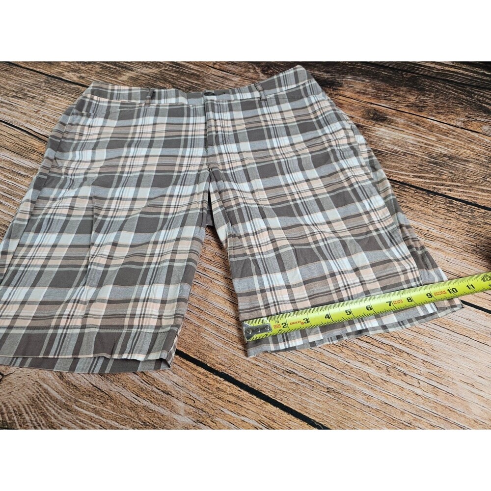 St. John's Bay Bermuda Shorts Women's 12 Gray Tan Teal Plaid Stretch Cotton EUC - Picture 6 of 8